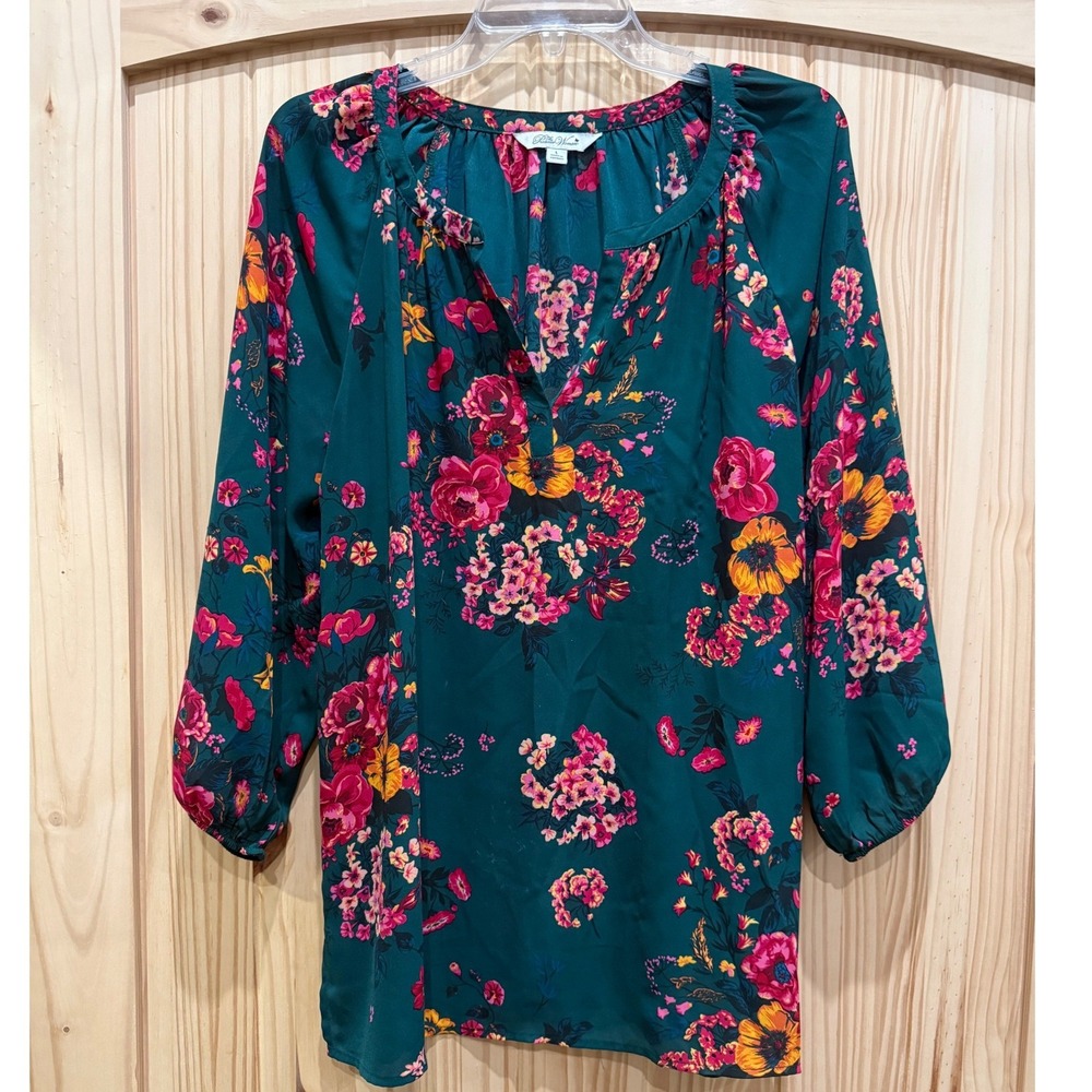 The Pioneer Woman Teal Floral Split Neck Blouse 3/4 Balloon Sleeve Top Large